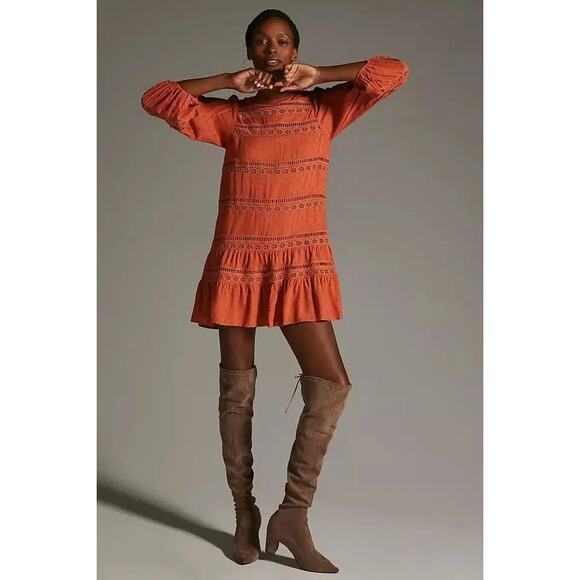 New ANTHROPOLOGIE Tiered Puff Long Sleeve Mini Dress $160 MEDIUM Terracotta
